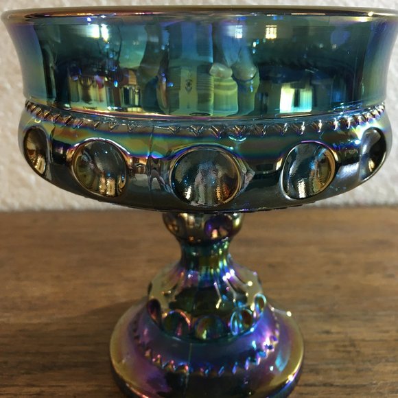 Kings Crown Blue Iridescent Carnival Glass Pedestal Candy Dish - Picture 2 of 10